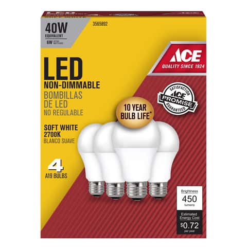 Ace A19 E26 Medium LED Bulb Soft White 40 Watt Equivalence 4 pk