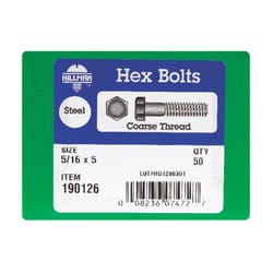 HILLMAN 5/16 in. D X 5 in. L Zinc Plated Steel Hex Bolt 50 pk