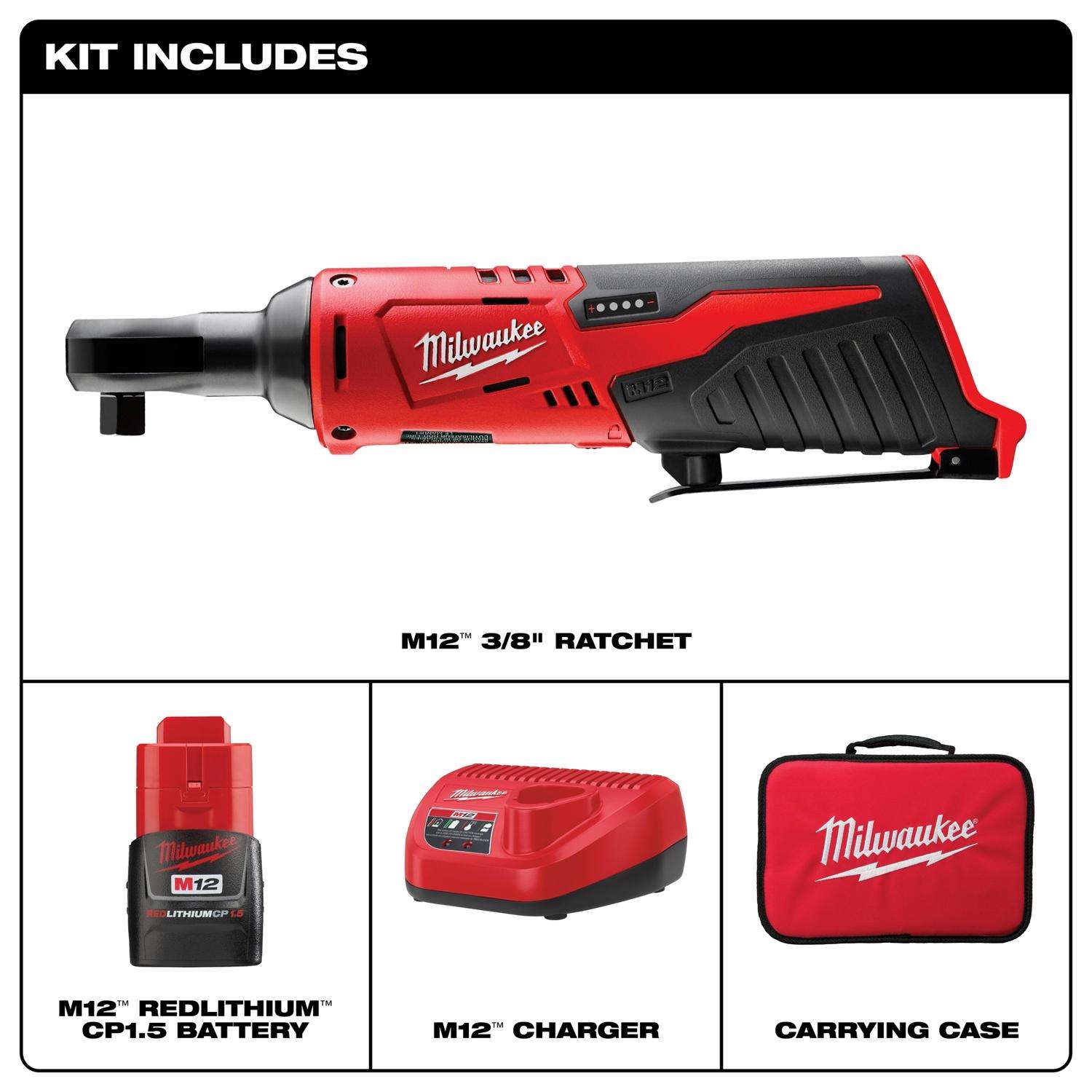 Milwaukee M12 1.5 amps 3/8 in. Cordless Brushed High Speed Ratchet