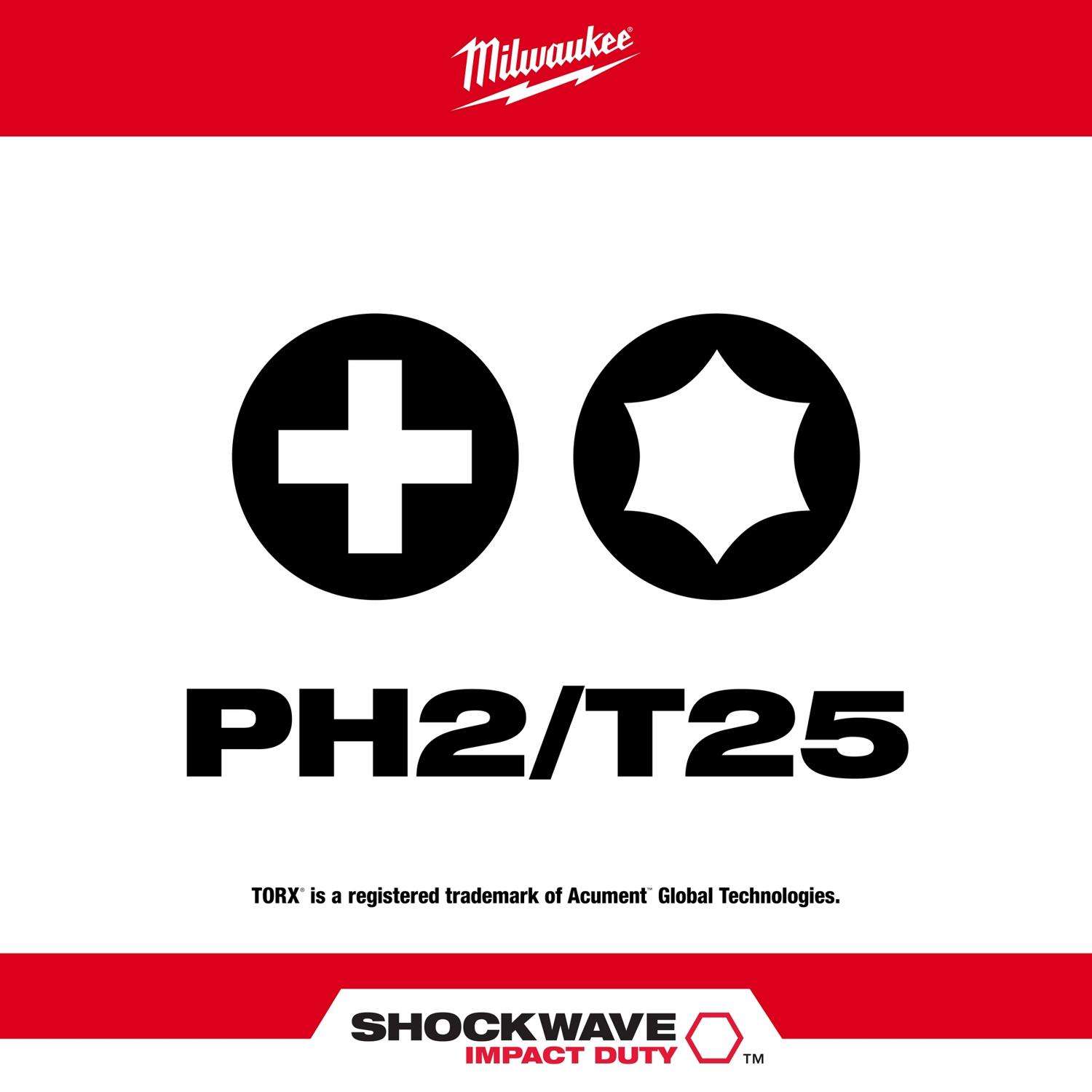 Milwaukee PH2 25mm Screwdriver Bit x2 Shockwave Impact Duty Bit