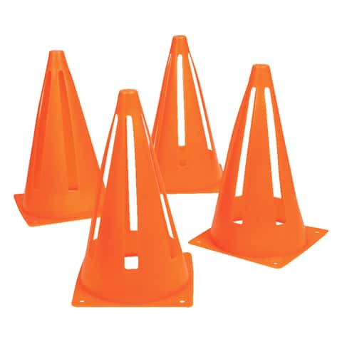 Multiple colour mini plastic safety cones on wooden surface