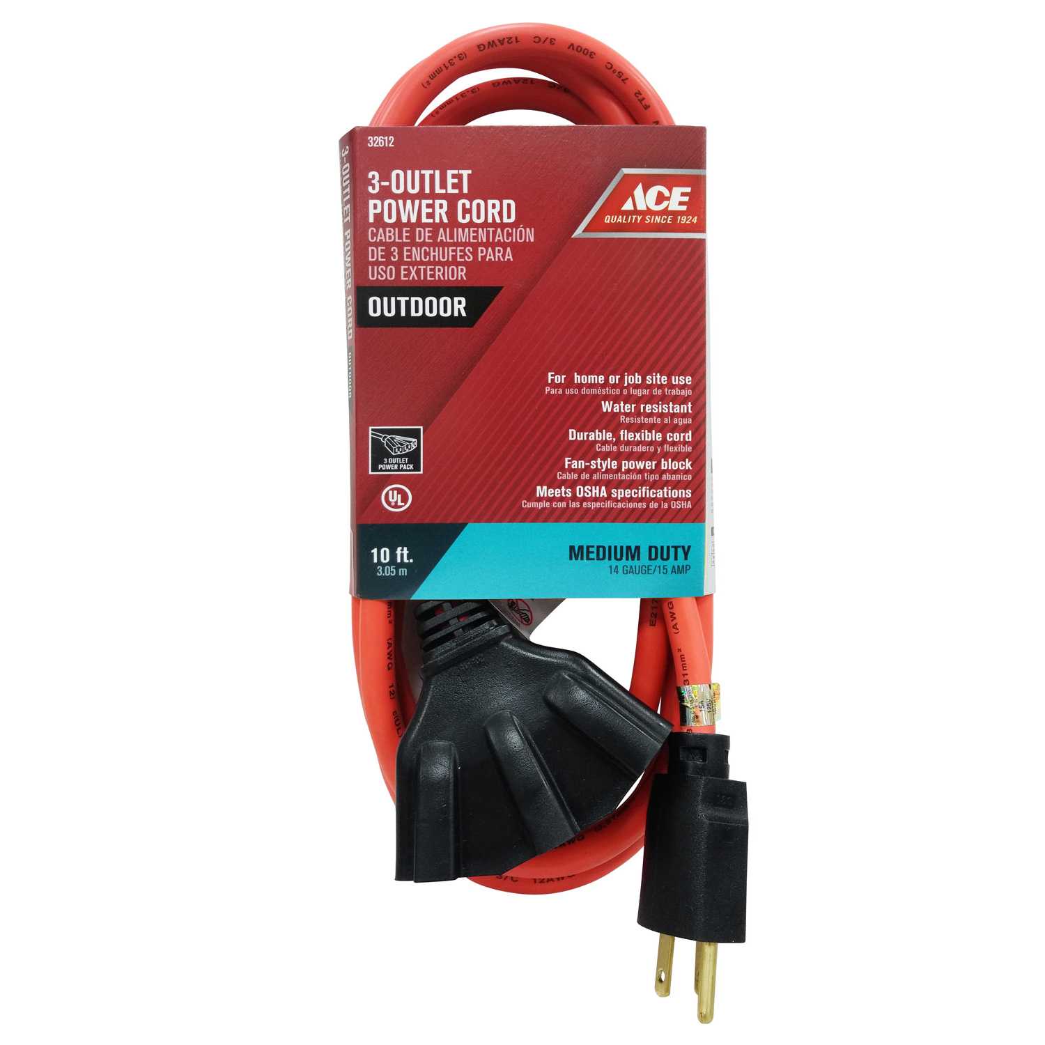 Ace Indoor and Outdoor 10 ft. L Orange Triple Outlet Cord 14/3 SJTW
