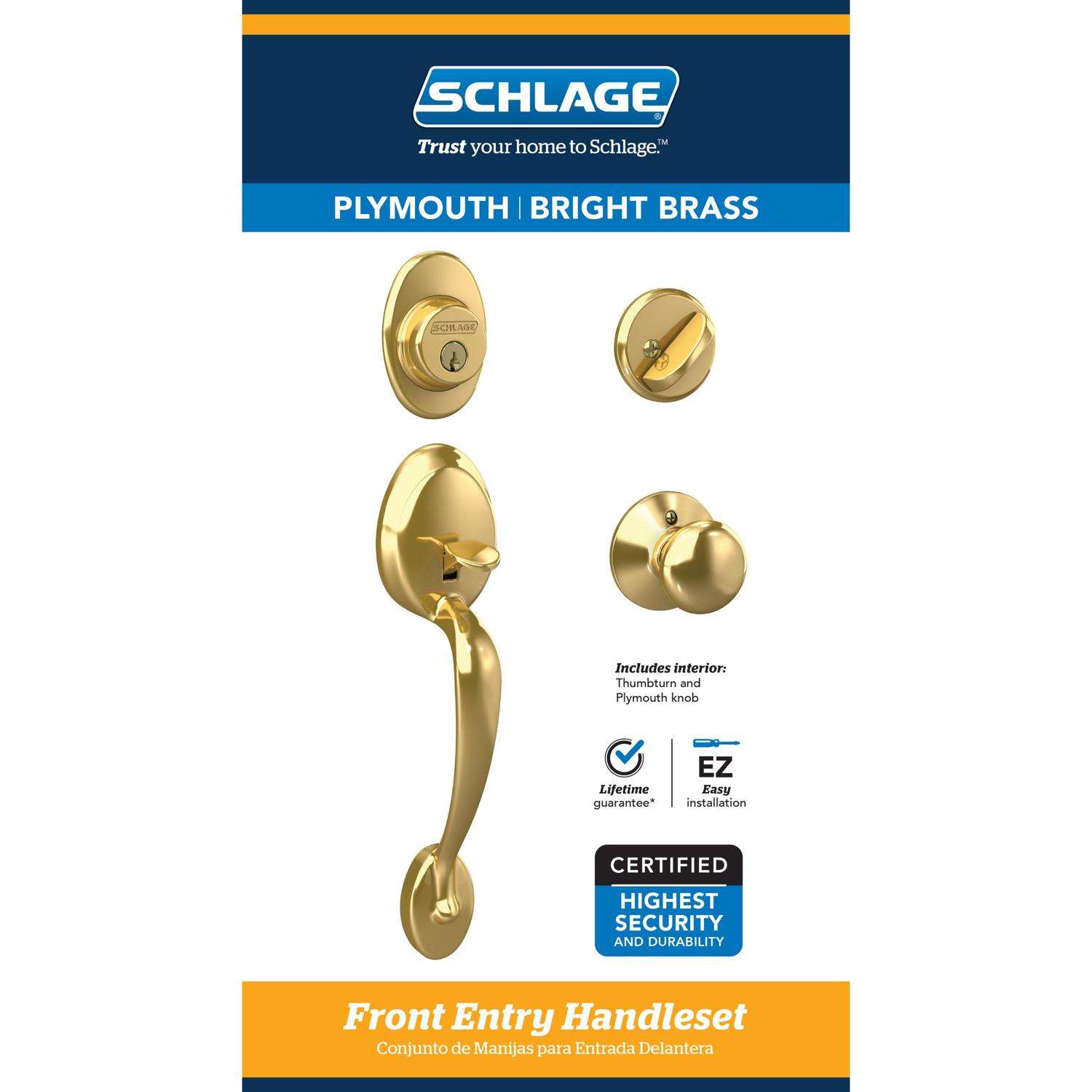 Schlage Plymouth Bright Brass Entry Handleset 13/4 in. Ace Hardware