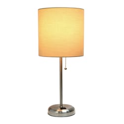 Simple Designs 19.5 in. Brushed Steel Tan Table Lamp with Charging Outlet