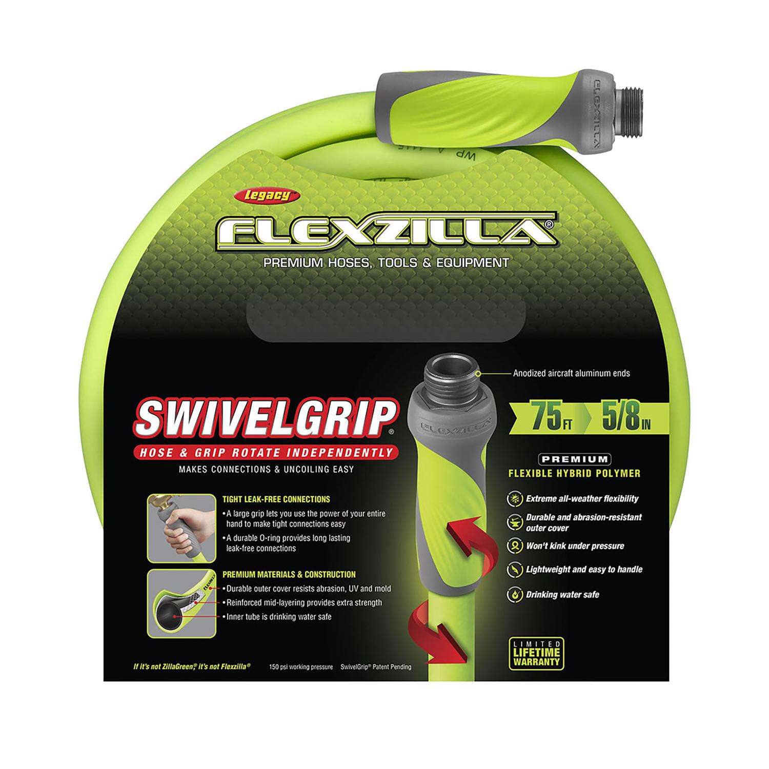 Legacy Flexzilla SwivelGrip 5/8 in. D X 3 ft. L Garden Hose Green Legacy Flexzilla SwivelGrip 5/8 in. D X 3 ft. L Garden Hose Green