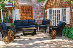 Living Accents Avondale Brown Wicker Frame Deep Seating Bench Glider Navy Blue