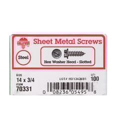 Hillman No. 14 S X 3/4 in. L Slotted Hex Washer Head Sheet Metal Screws 100 1 pk