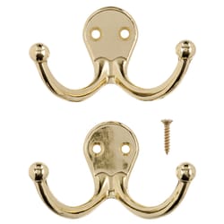 Ace 1-3/4 in. L Bright Brass Yellow Brass Small Double Garment Hook 2 pk