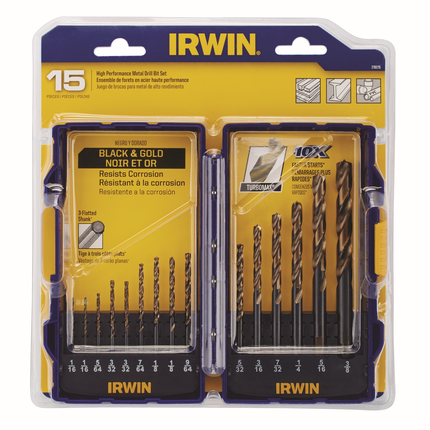 Irwin Turbomax High Speed Steel Drill Bit Set Straight Shank 15 pc