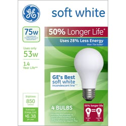 GE 53 W A19 A-Line Incandescent Bulb E26 (Medium) Soft White 4 pk