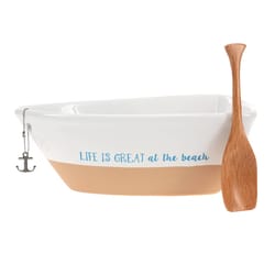 Pavilion We People Brown/White Bamboo/Stoneware Boat Serving Dish with Oar 1