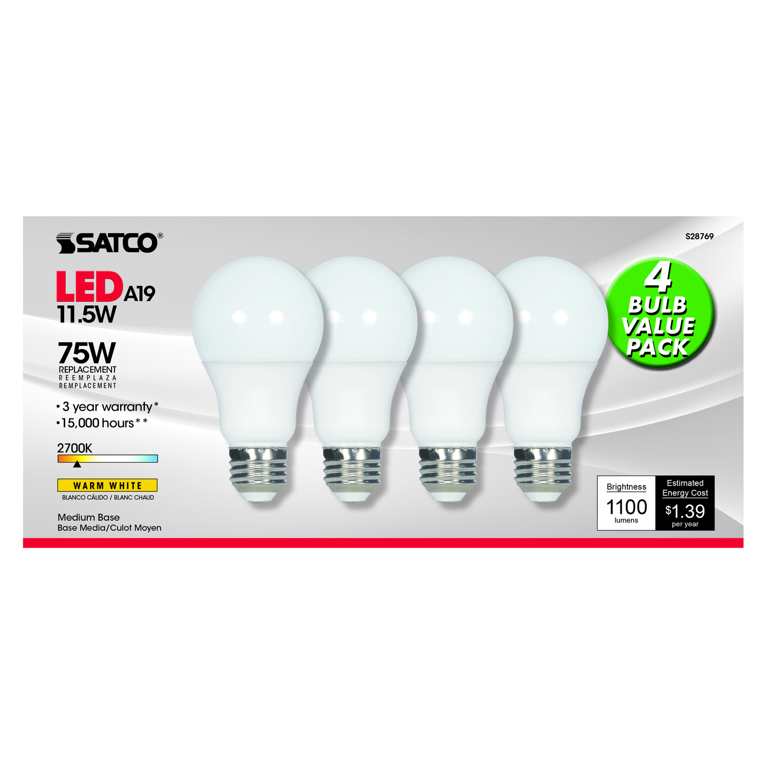 Photos - Light Bulb Satco Type-A A19 E26  LED Bulb Warm White 75 Watt Equivalence 4 pk(Medium)
