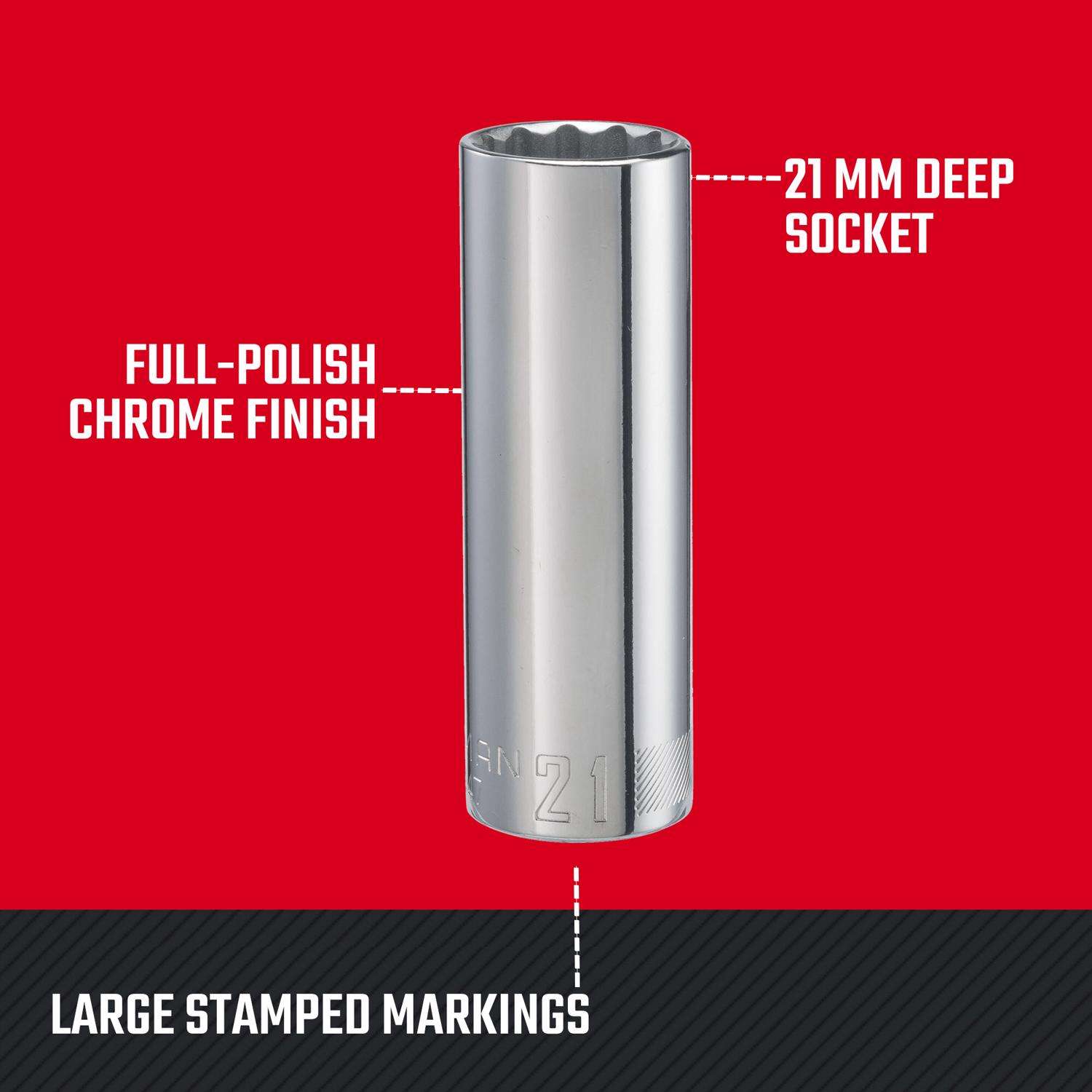 Craftsman 21 mm Metric 12 Point Deep Socket, 1/2 in. Drive Craftsman 21 mm Metric 12 Point Deep Socket, 1/2 in. Drive