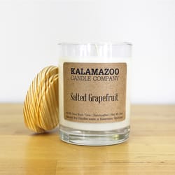 Kalamazoo Candle Company Clear glass jar with white soy wax, wood lid Salted Grapefruit Scent Salted