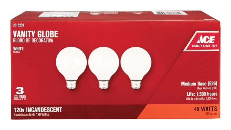 Ace 40 Watts G25 Globe Incandescent Light Bulb Medium Base E26 White 3 Pk Ace Hardware