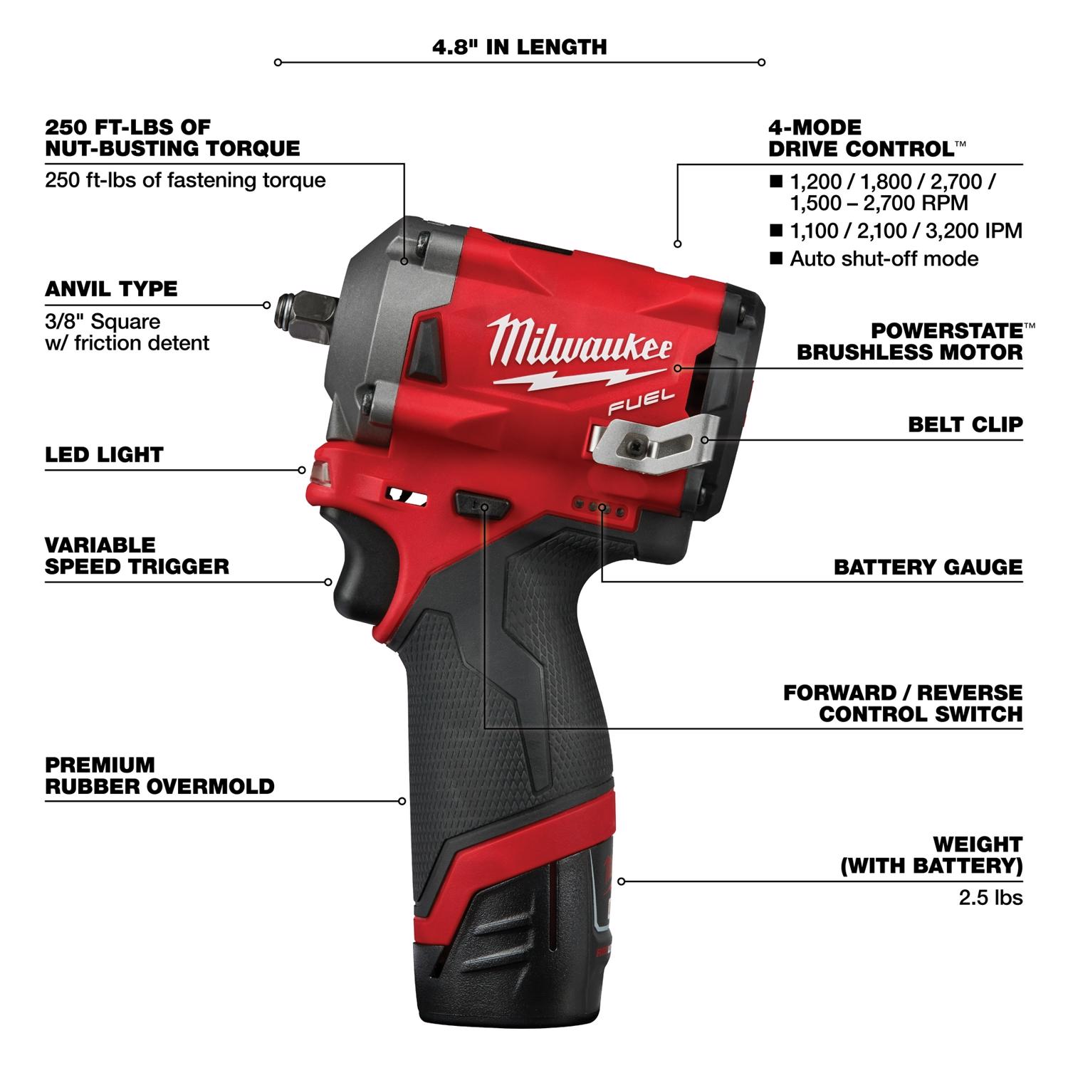 Milwaukee M12 FUEL 3/8 in. Cordless Brushless Stubby Impact Wrench