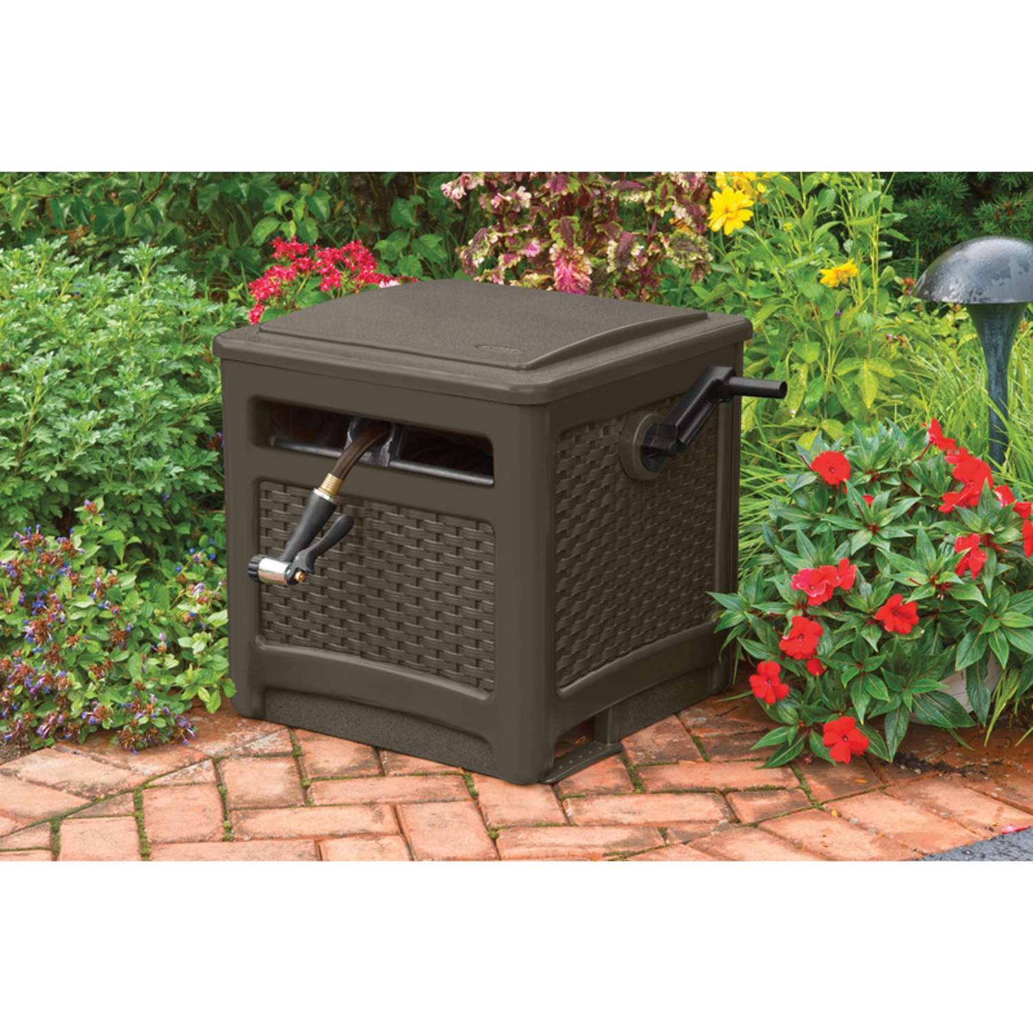 Suncast Resin Wicker Hideaway Trash Container, Brown