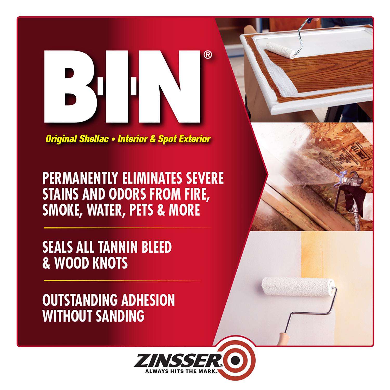 BIN Shellac-Base Interior and Spot Exterior Primer, Interior, Flat White, 1 gal Bucket/Pail, 4/Carton