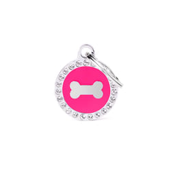 MyFamily Glam Pink/Silver Bone Circle Metal Dog Pet Tags Medium