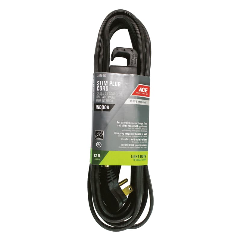 UPC 082901270034 product image for Ace 12ft 16/3 SPT-3 Black Slim Plug Indoor Extension Cord | upcitemdb.com