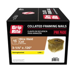 Grip-Rite 3-1/4 in. L X 11 Ga. Angled Coil Electro Galvanized Framing Nails 15 deg 2500 pk