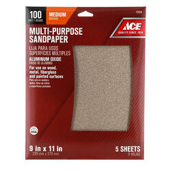 NEW ALI INDUSTRIES ACE Aluminum Oxide Sandpaper 100 Grit Medium 5 Pack 17614 