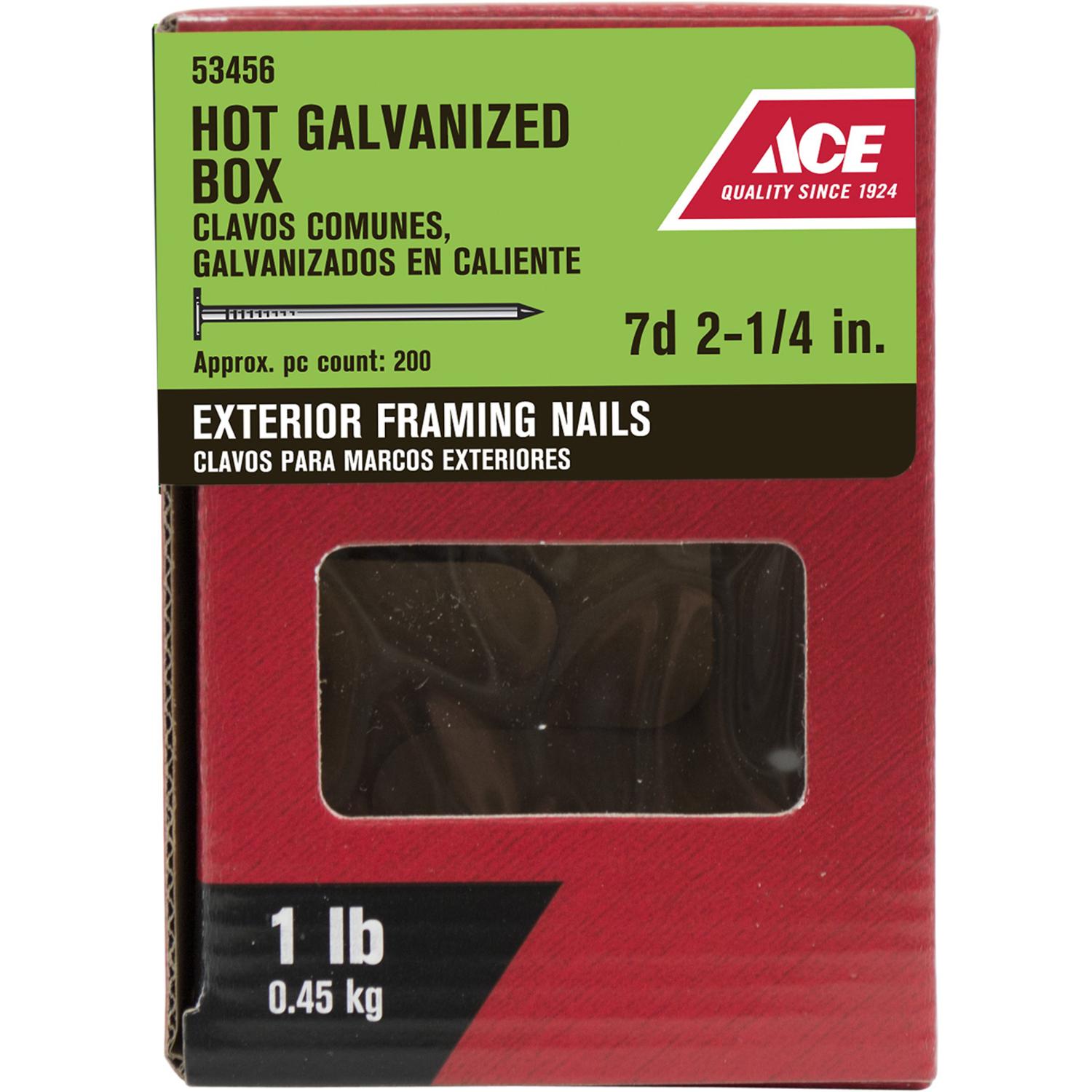 Ace 7D 2-1/4 in. Box Hot-Dipped Galvanized Steel Nail Flat Head 1 lb Ace 7D 2-1/4 in. Box Hot-Dipped Galvanized Steel Nail Flat Head 1 lb