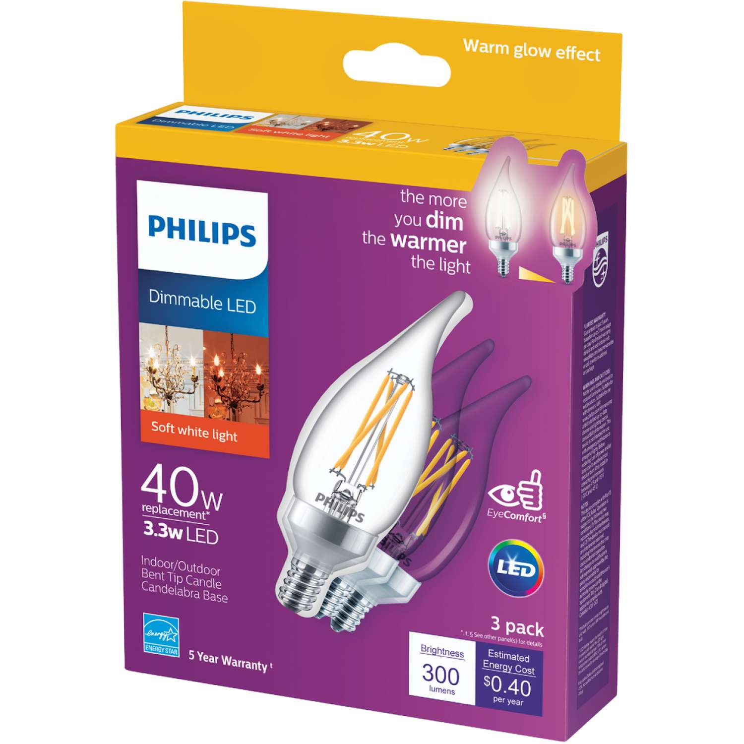 B11 6-Pack Dimmable Clear LED Light Bulb E12 Candelabra Base Daylight Basics 60W Equivalent 15,000 Hour Lifetime 