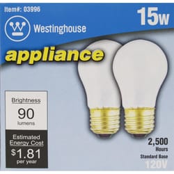 Westinghouse 15 W A15 Appliance Incandescent Bulb E26 (Medium) White 2 pk