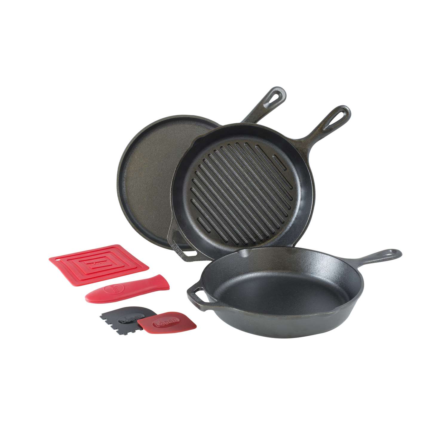 Lodge Cast Iron Essential Cast Iron Skillet Set - 8-in and 10.25-in  Skillets, 10.5-in Griddle, Silicone Holders, Pan Scrapers in the Cooking  Pans & Skillets department at