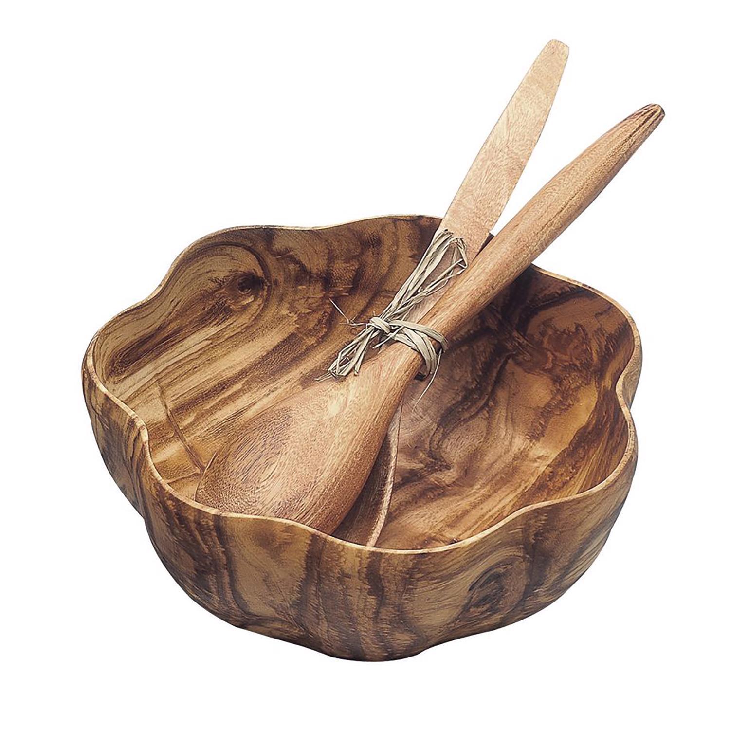 Pacific Merchants Brown Acacia Wood Flared Salad Bowl with Servers 1 ct Sansujyuku sansujyuku.com