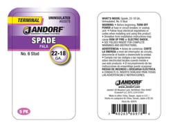 Jandorf 22-18 Ga. Uninsulated Wire Terminal Spade Silver 5 pk