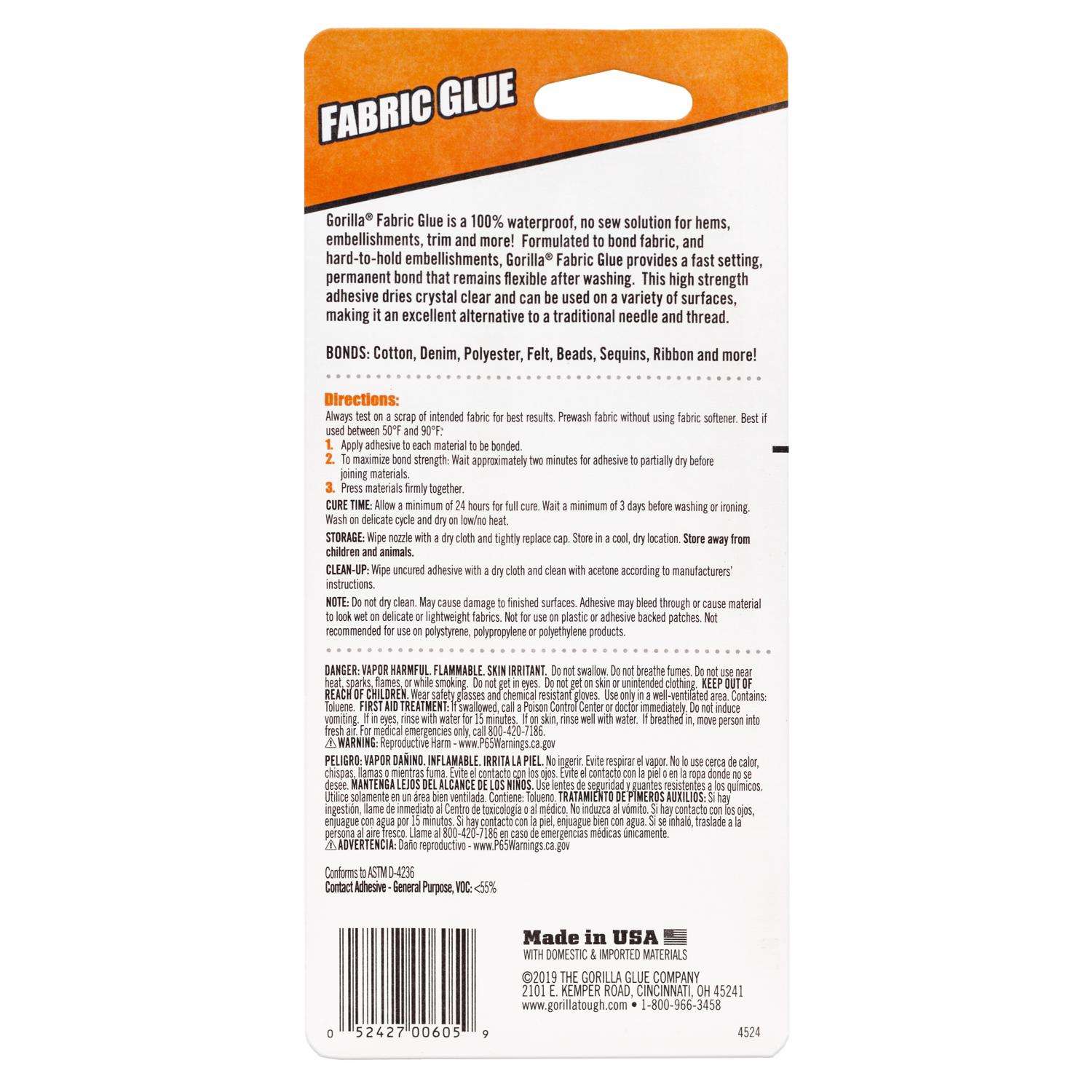 Gorilla Fabric Glue High Strength Adhesive Waterproof Clear, 2.5 fl oz, 2  Pack 