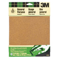 3M 11 in. L X 9 in. W 60 Grit Aluminum Oxide Sandpaper 4 pk