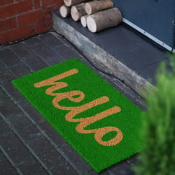 Home & More 2 ft. W X 3 ft. L Green Hello Script Coir Door Mat