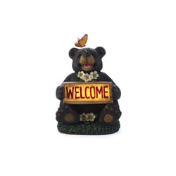 Smart Solar 7.5 in. Solar Power Ceramic Welcome Bear with Butterfly Lantern Brown