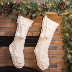 Glitzhome White Knitted with Pom Pom Ball Christmas Stocking 1.18 in.