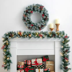 Glitzhome 9.75 in. D X 9 ft. L LED Prelit Warm White Pine Cones and Red Berries Garland