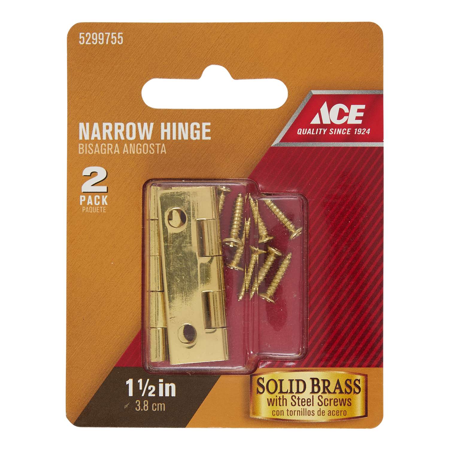 Ace 7/8 in. W x 11/2 in. L Polished Brass Brass Narrow Hinge 2 pk