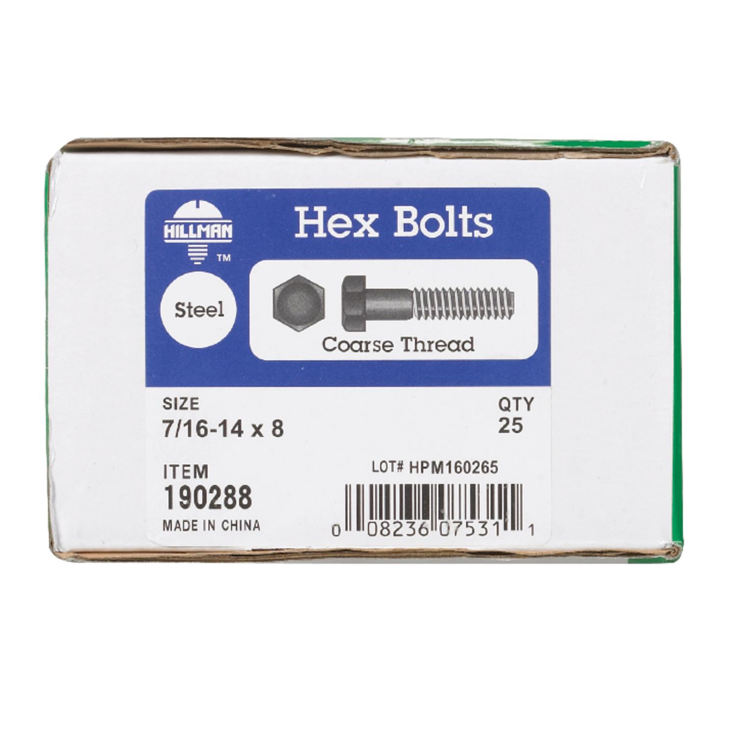 Hillman 7/16 in. D X 7 in. L Zinc Plated Steel Hex Bolt 25 pk Hillman 7/16 in. D X 7 in. L Zinc Plated Steel Hex Bolt 25 pk