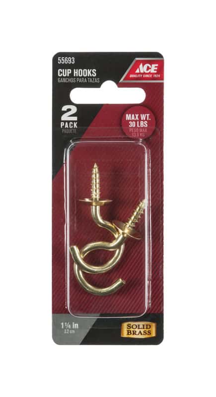 Ace Small Polished Brass Green Brass 1.875 in. L Cup Hook 30 lb 2 pk - Ace  Hardware