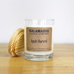 Kalamazoo Candle Company Clear glass jar with white soy wax, wood lid Apple Harvest Scent Apple Harv