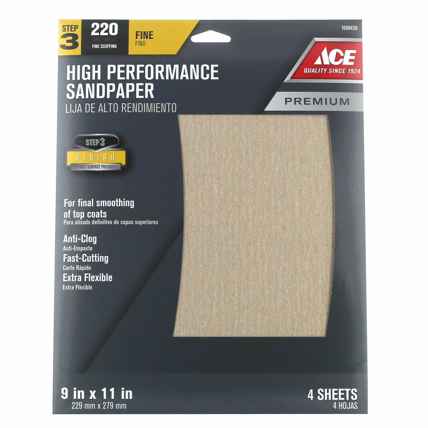 Ace 11 in. L x 9 in. W 220 Grit Fine Aluminum Oxide Sandpaper 4 pk