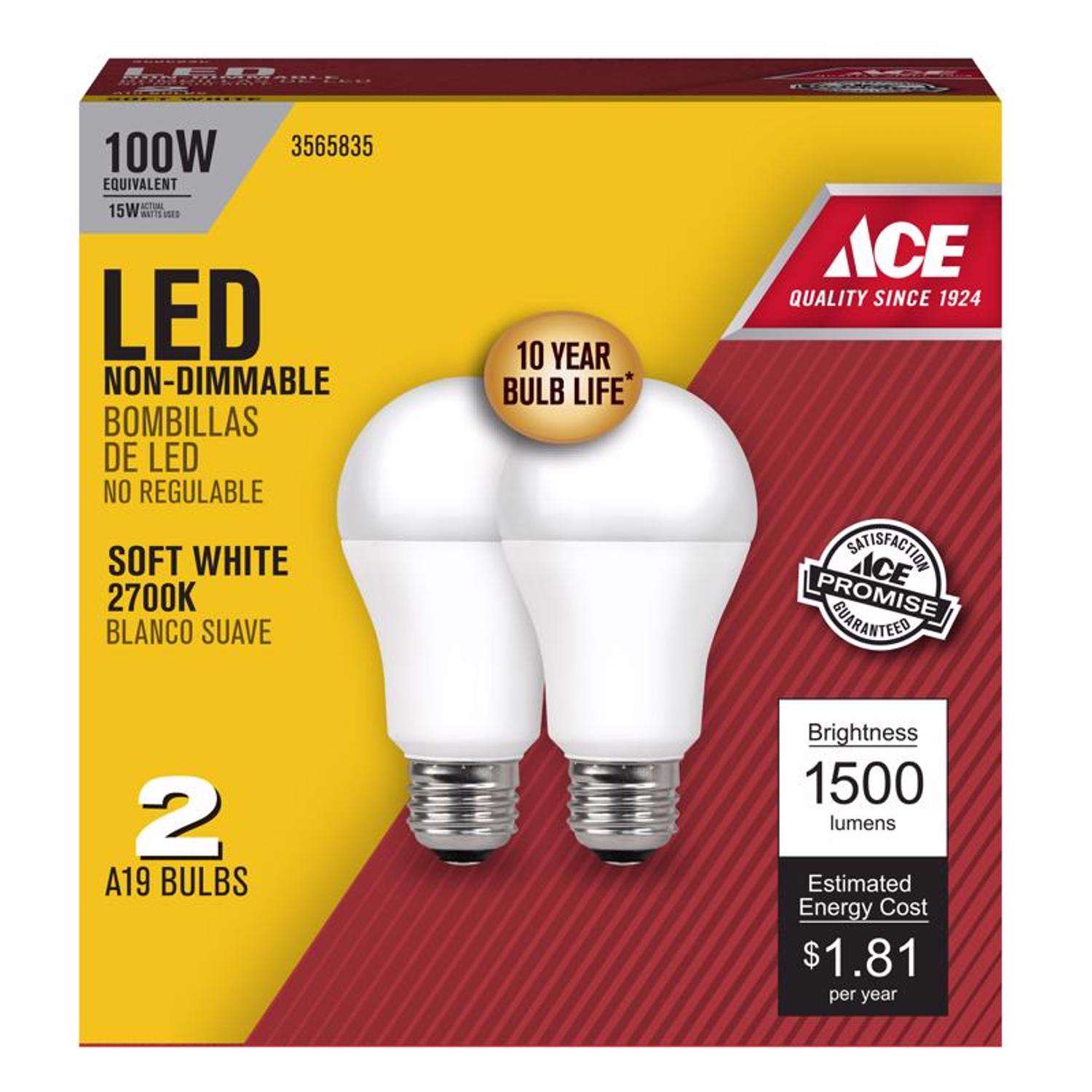 A19 E26 (Medium) LED Bulb Soft White 100 Watt Equivalence 2 pk Ace Hardware