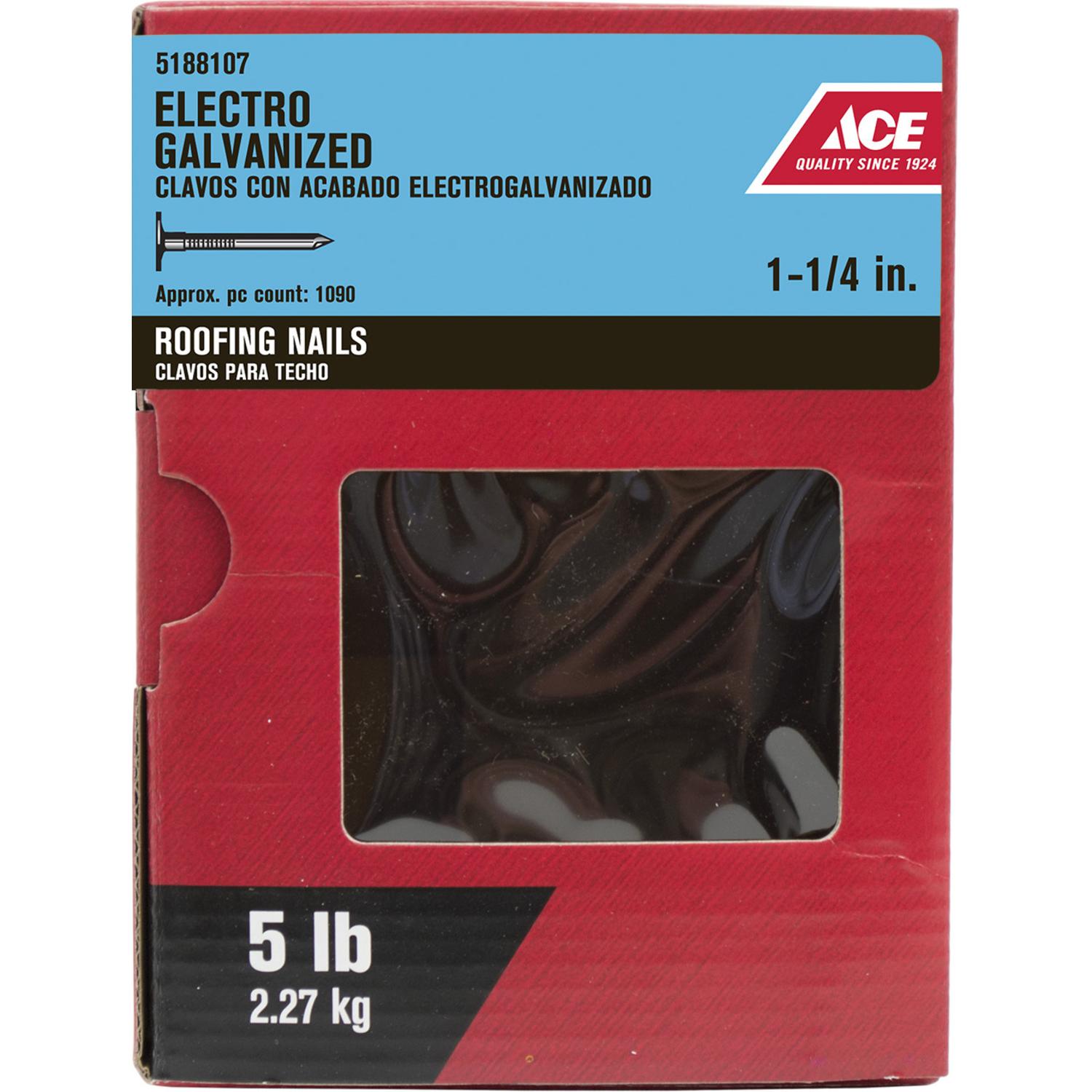 Ace 1-1/4 in. Roofing Electro-Galvanized Steel Nail Large Head 1 lb Ace 1-1/4 in. Roofing Electro-Galvanized Steel Nail Large Head 1 lb