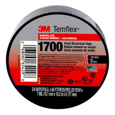3M - Electrical Tape: 3/4″ Wide, 60' Long, 13 mil Thick, Black