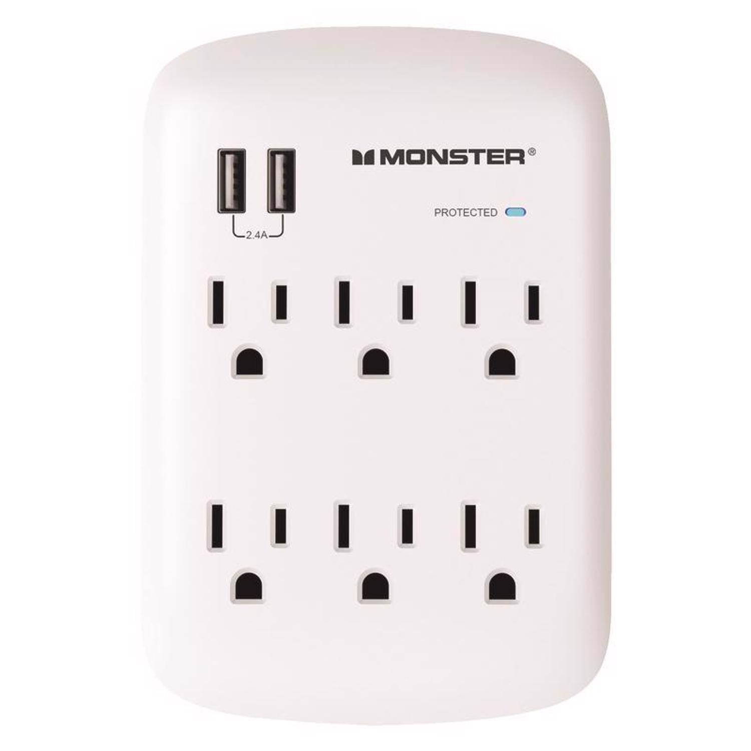 Photos - Surge Protector / Extension Lead Monster Just Power It Up 0 ft. L 6 outlets Wall Tap Surge Protector w/USB White 1200 J 1604 