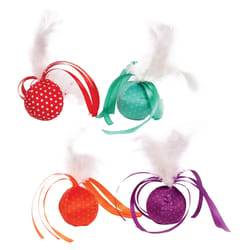 Pet Park Blvd Assorted Ribbon Ball w/ Feathers 2 pk