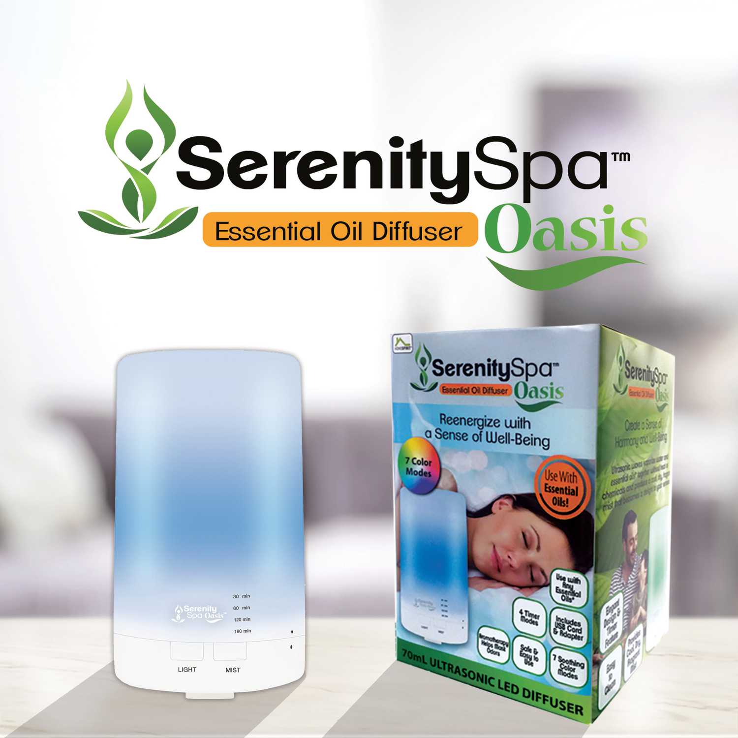 Serenity Spa Oasis As Seen On TV White LED Oil Diffuser 70 ml 1 pk