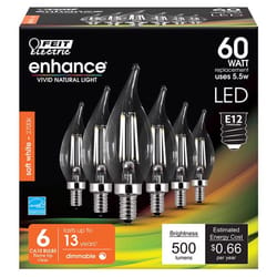 Feit Enhance CA10 (Flame Tip) E12 (Candelabra) Filament LED Bulb Soft White 60 Watt Equivalence 6 pk